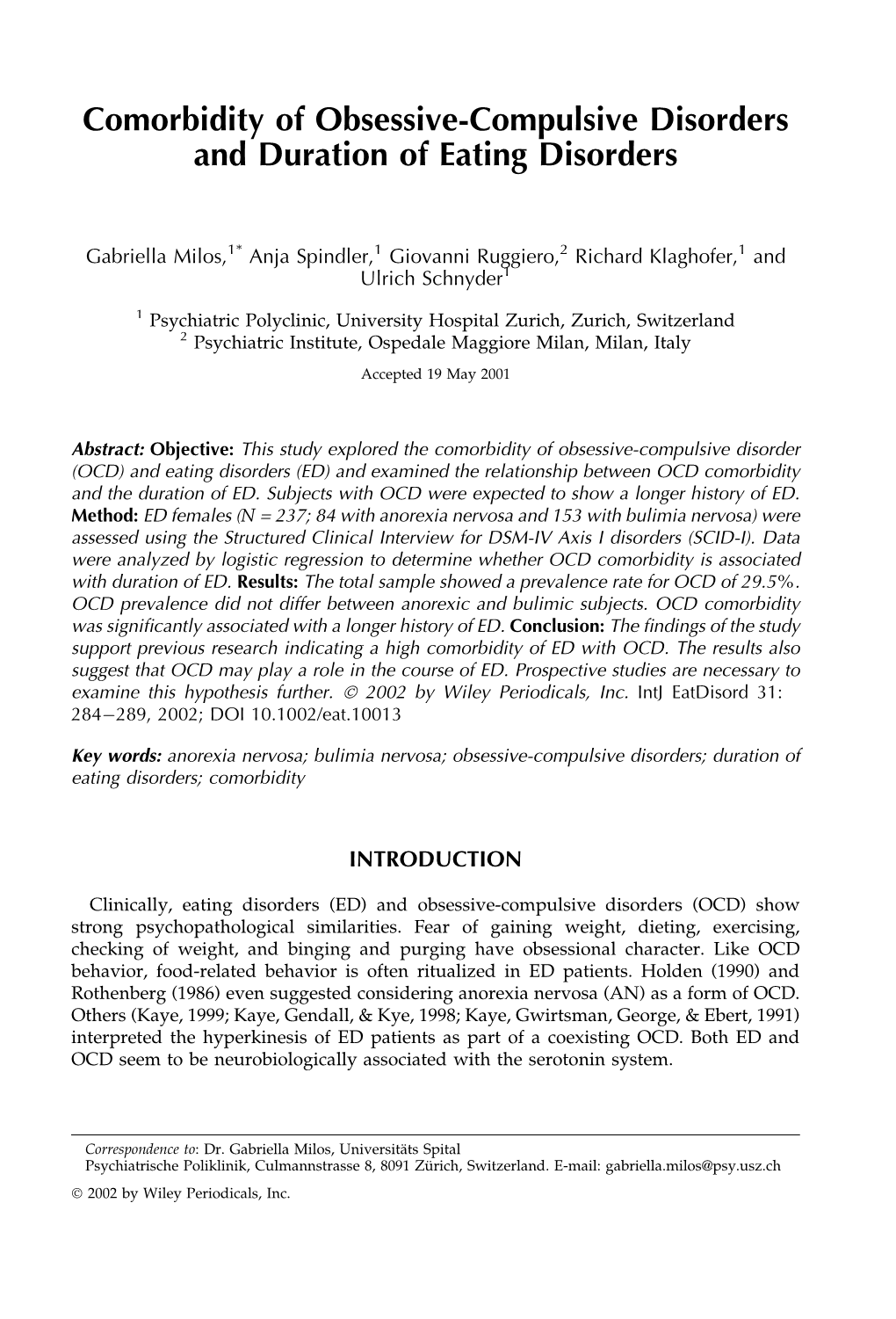 Comorbidity of Obsessive-Compulsive Disorders and Duration of Eating Disorders