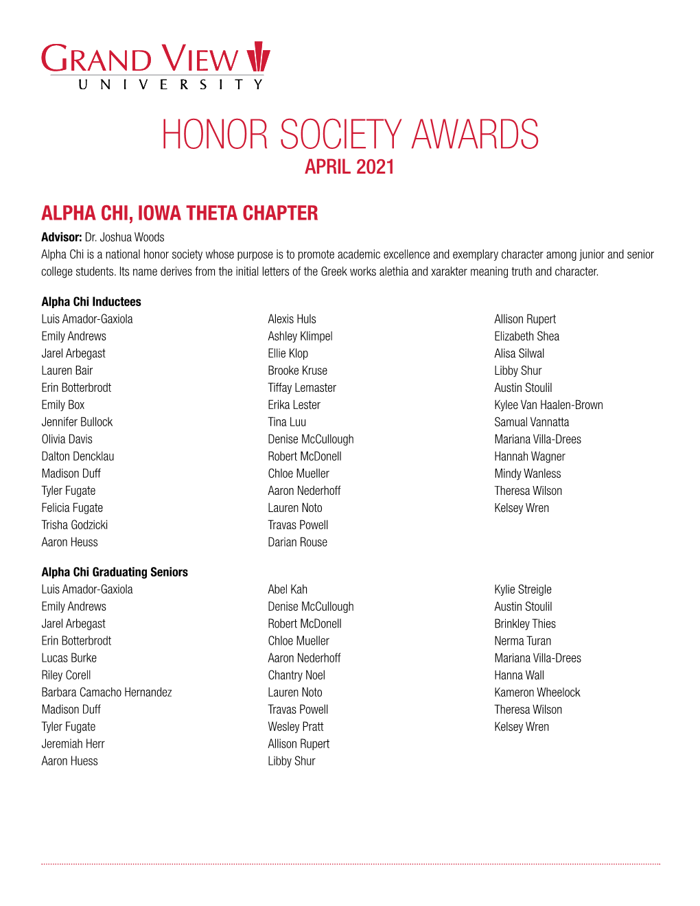 Honor Society Awards April 2021