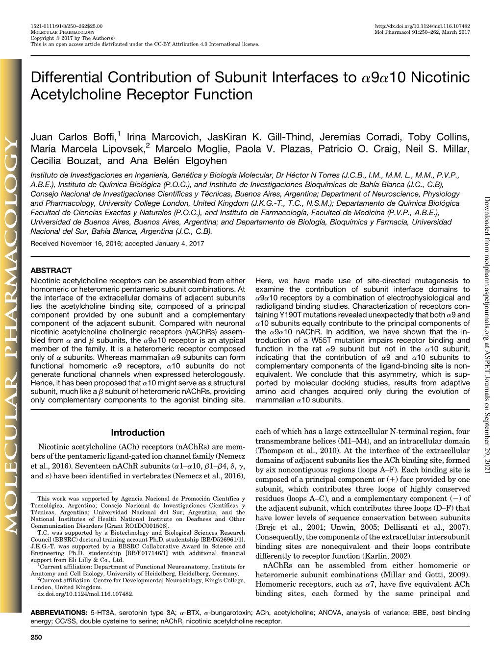 Differential Contribution of Subunit Interfaces to Α9α10 Nicotinic Acetylcholine Receptor Function