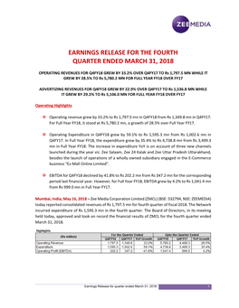 Earnings Release for the Fourth Quarter Ended March 31, 2018