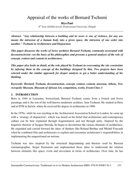 Appraisal of the Works of Bernard Tschumi Riya Paul 4Th Year (LSAD) Lovely Professional University, Punjab