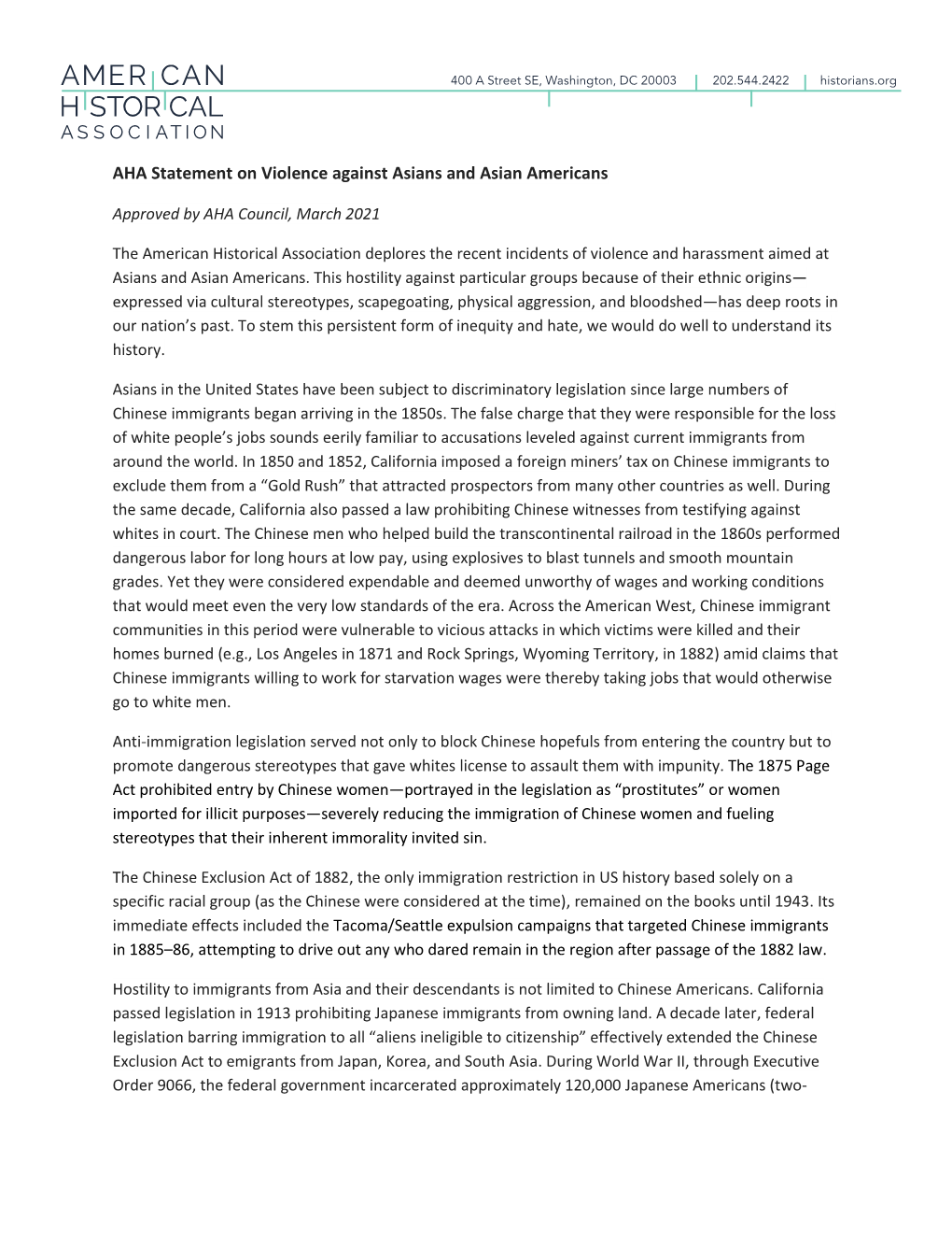 AHA Statement on Violence Against Asians and Asian Americans