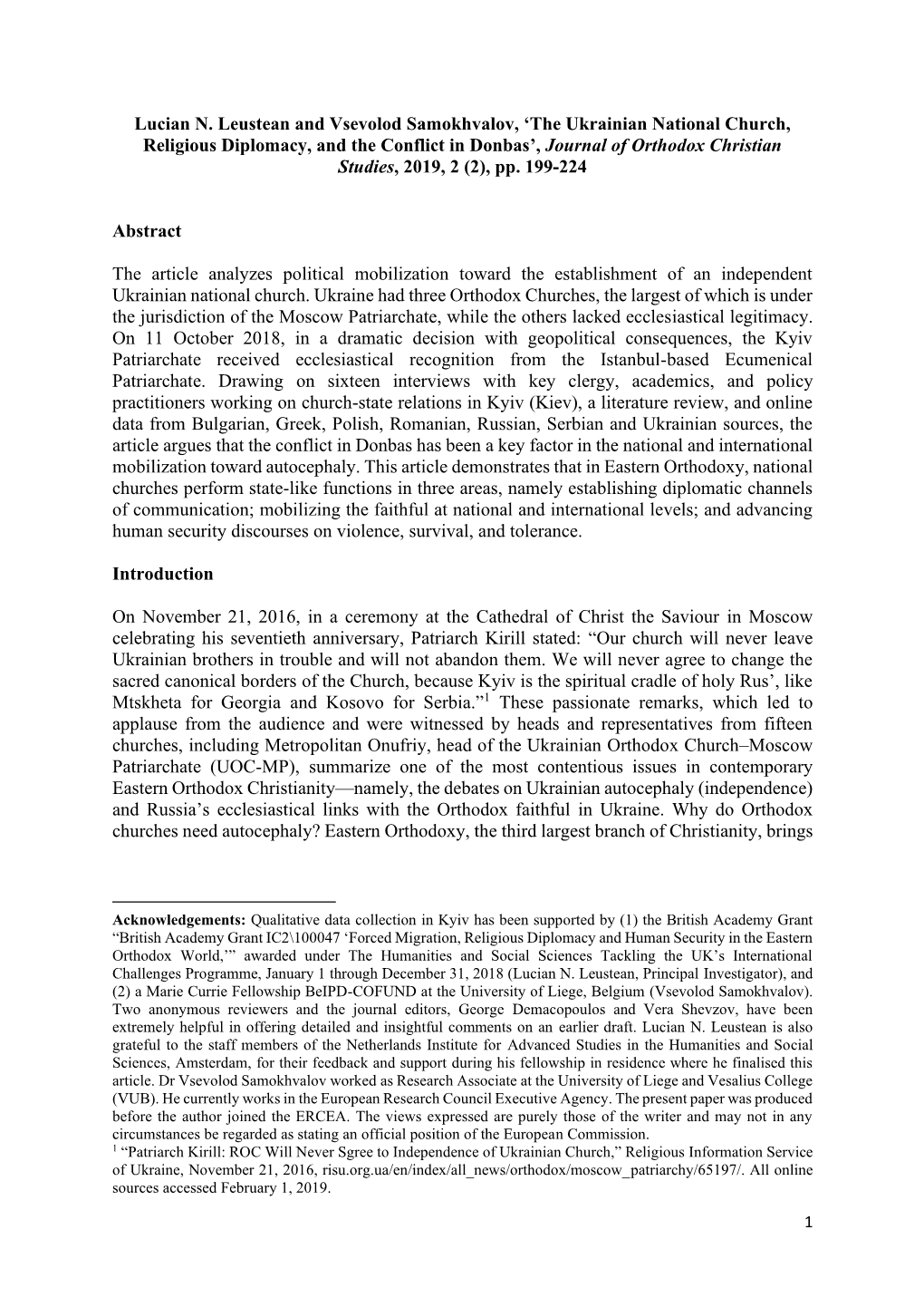 Ukrainian National Church, Religious Diplomacy, and the Conflict in Donbas’, Journal of Orthodox Christian Studies, 2019, 2 (2), Pp