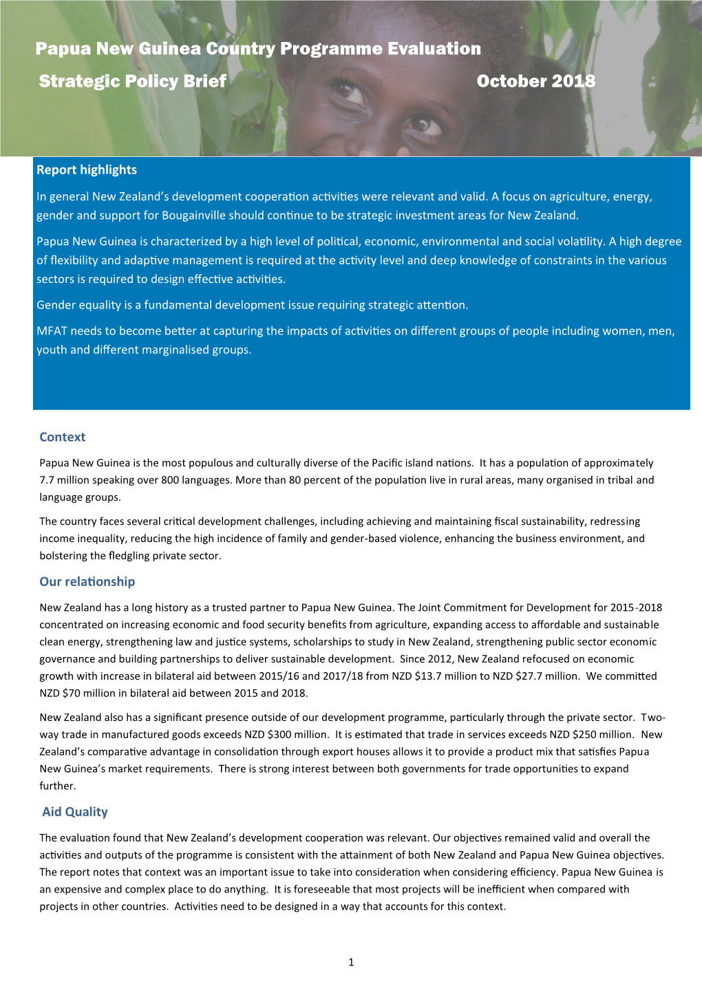 Papua New Guinea Country Programme Evaluation Strategic Policy Brief October 2018