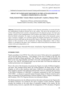 Impact of Nationalist Movement on the Actualization of Nigerian Independence, 1914-1960