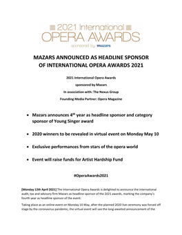 Mazars Announced As Headline Sponsor of International Opera Awards 2021