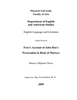 Department of English and American Studies Foxe's Account of John Hus's Persecution in Book of Martyrs 2009