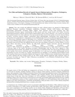 New Ohio and Indiana Records of Aquatic Insects (Ephemeroptera, Plecoptera, Trichoptera, Coleoptera: Elmidae, Diptera: Chironomidae)