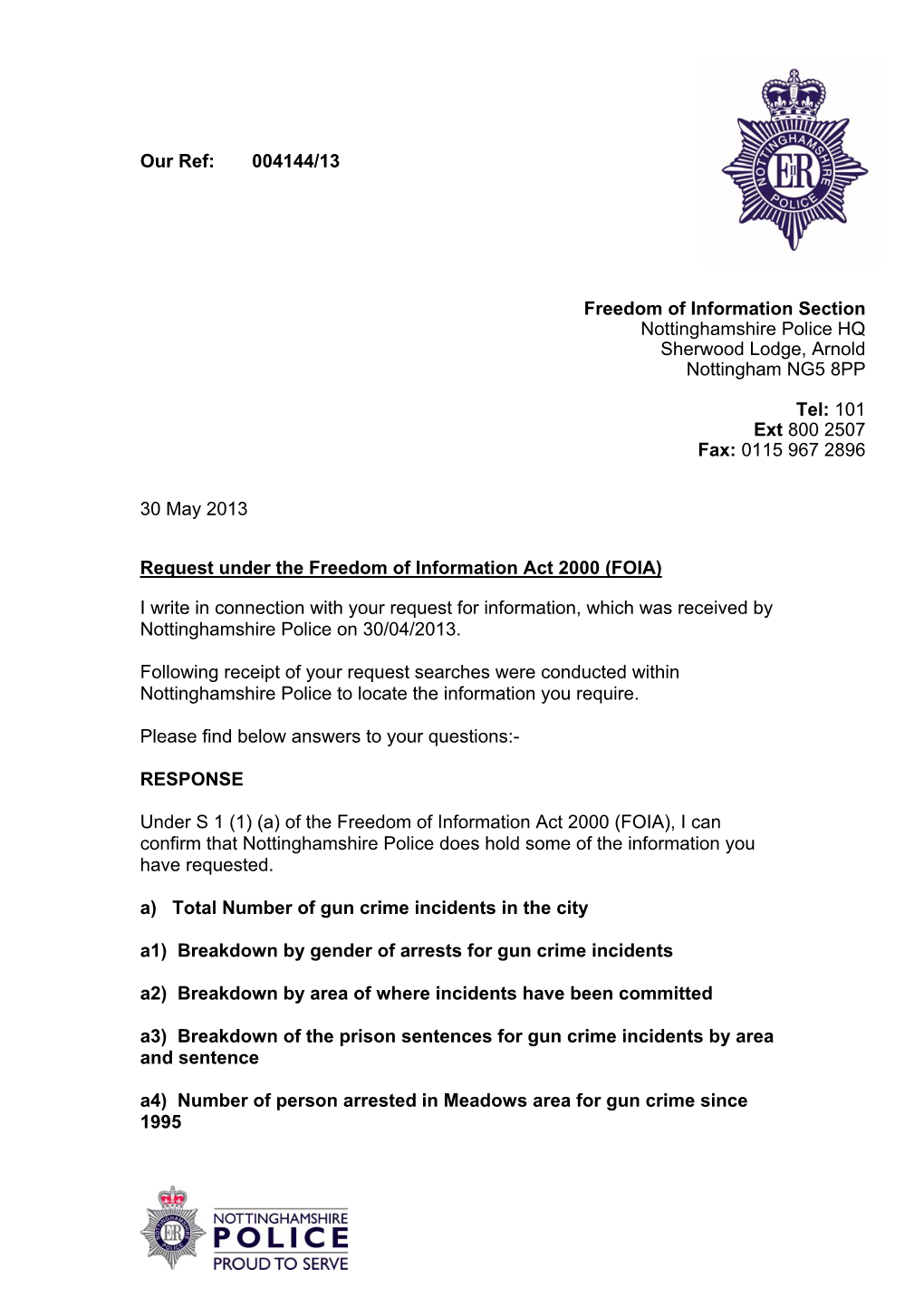 FOI 004144 13 Information Relating to Gun Crime Incidents