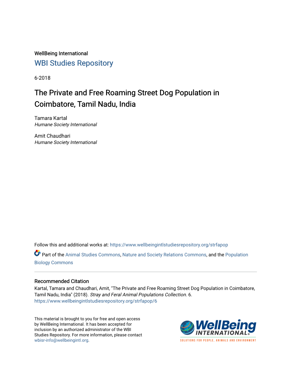 The Private and Free Roaming Street Dog Population in Coimbatore, Tamil Nadu, India