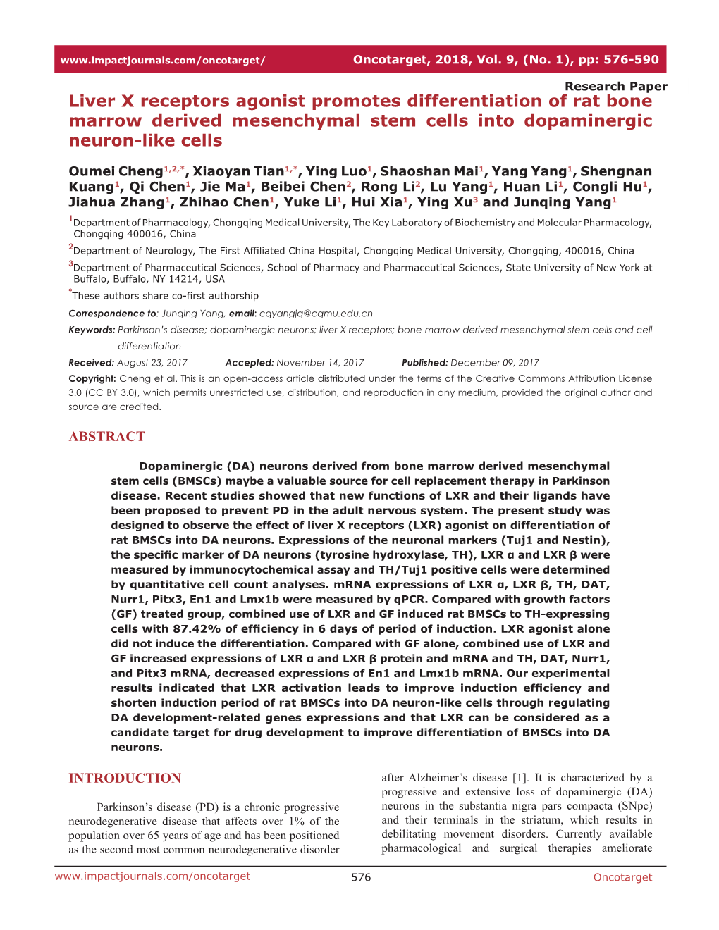 Liver X Receptors Agonist Promotes Differentiation of Rat Bone Marrow Derived Mesenchymal Stem Cells Into Dopaminergic Neuron-Like Cells