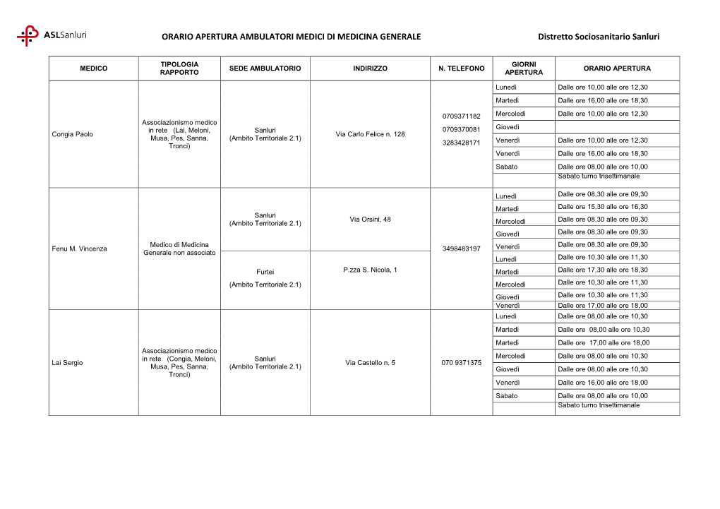 ORARIO APERTURA AMBULATORI MEDICI DI MEDICINA GENERALE Distretto Sociosanitario Sanluri