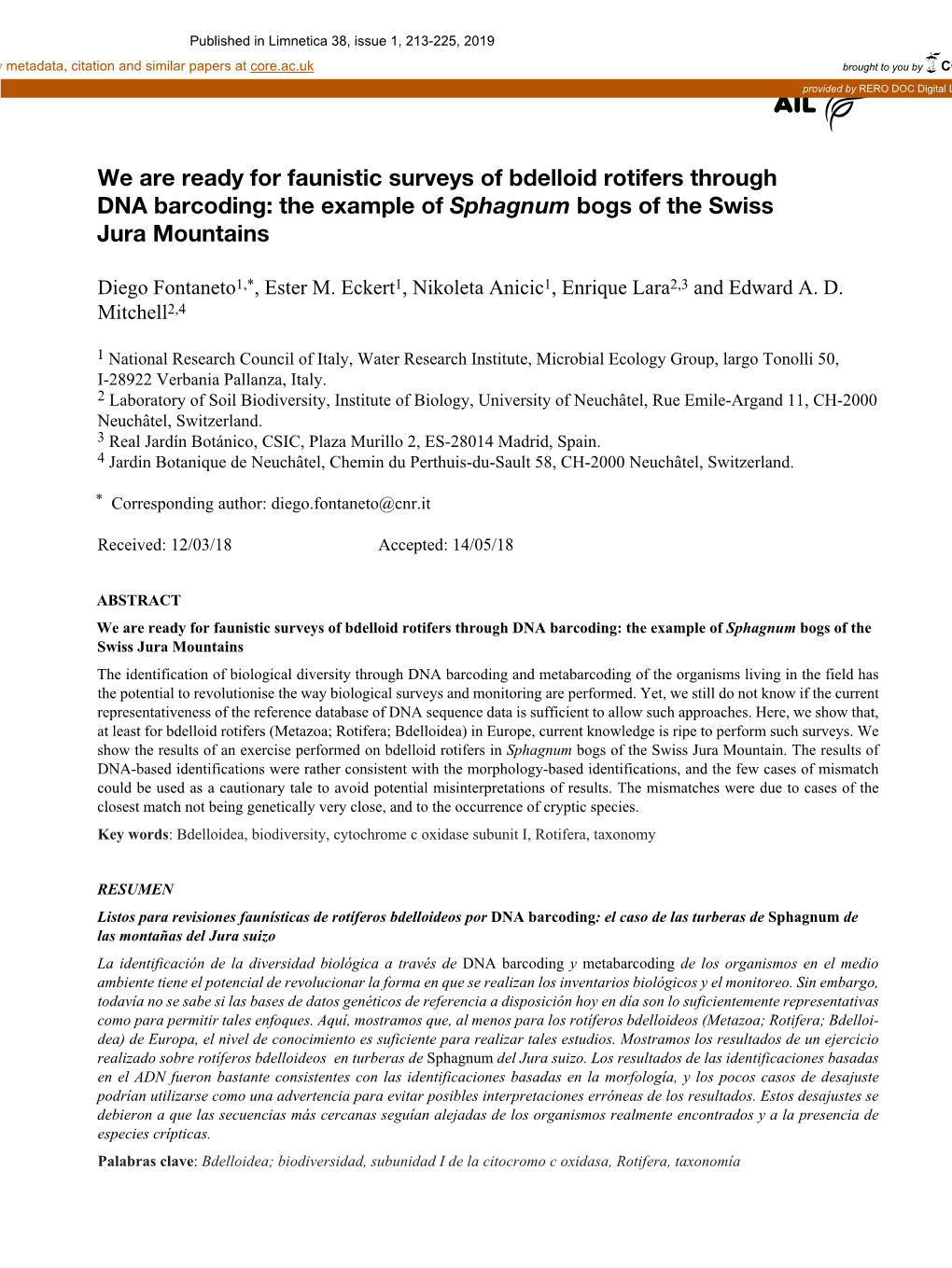 We Are Ready for Faunistic Surveys of Bdelloid Rotifers Through DNA Barcoding: the Example of Sphagnum Bogs of the Swiss Jura Mountains