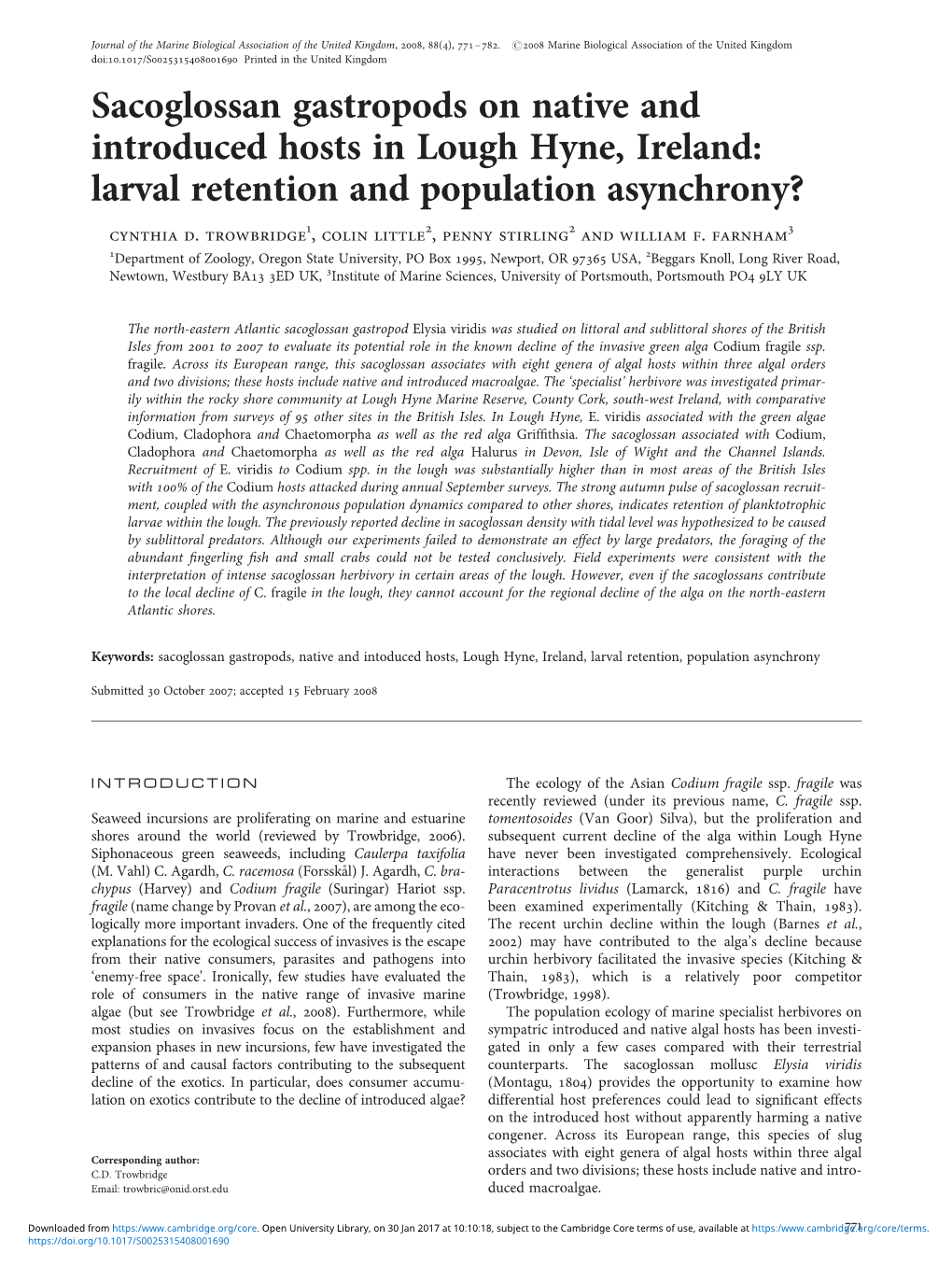 Sacoglossan Gastropods on Native and Introduced Hosts in Lough Hyne, Ireland: Larval Retention and Population Asynchrony? Cynthia D