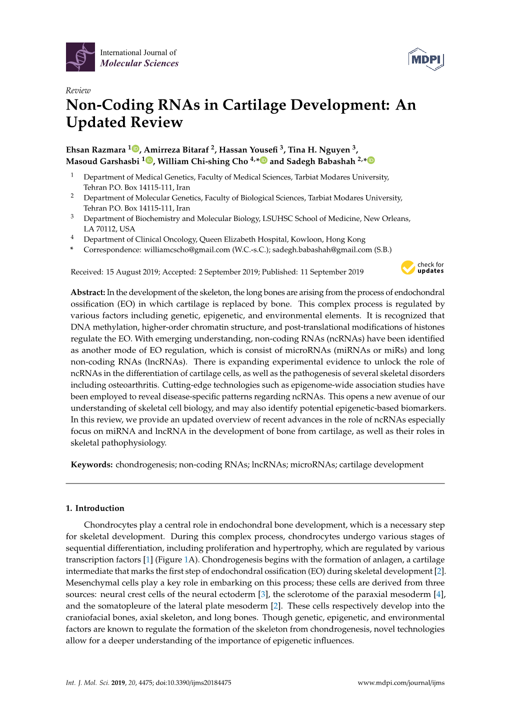 Non-Coding Rnas in Cartilage Development: an Updated Review