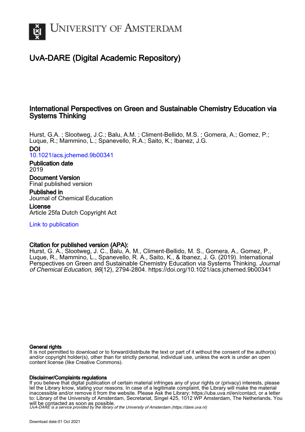 International Perspectives on Green and Sustainable Chemistry Education Via Systems Thinking