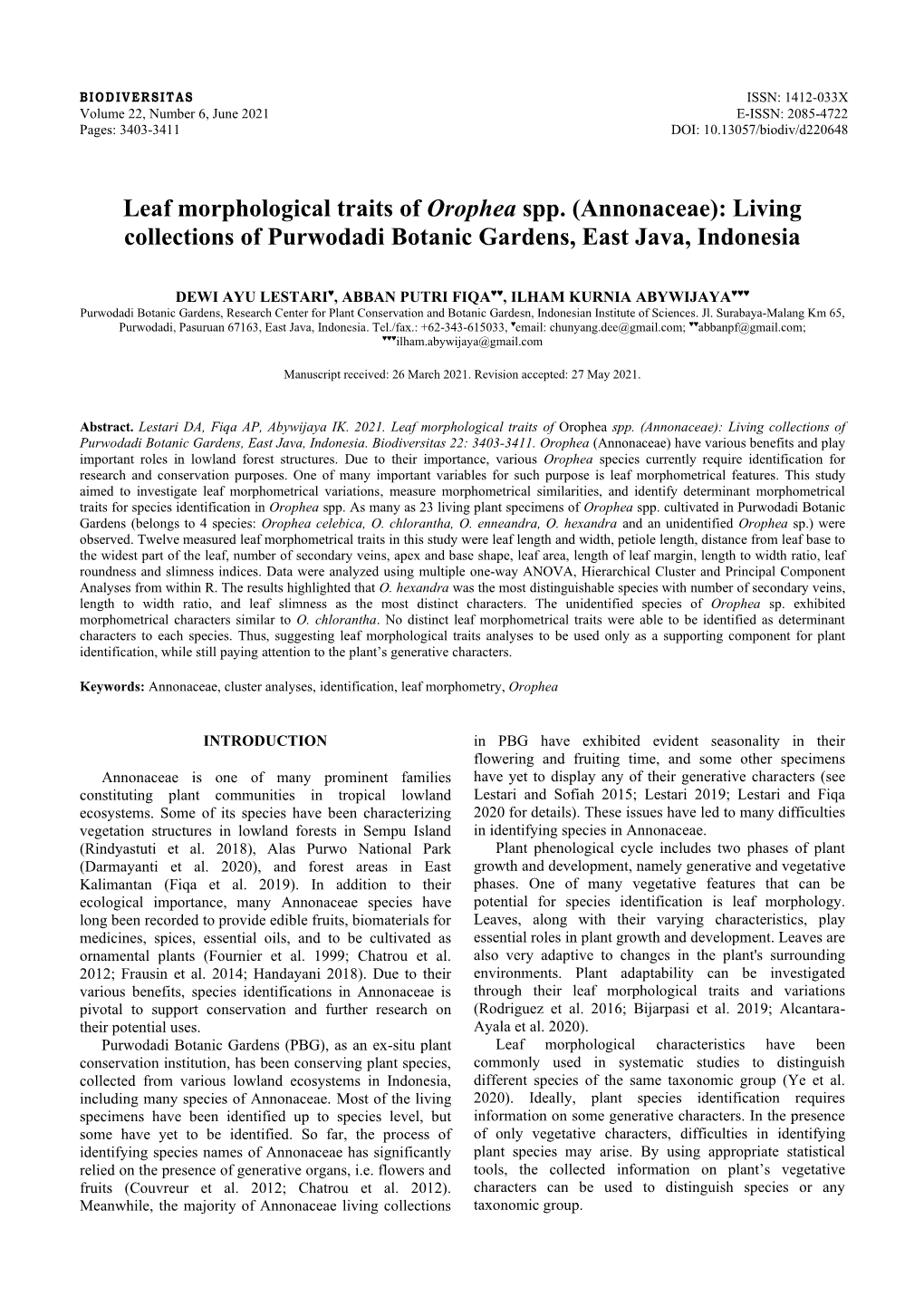 Leaf Morphological Traits of Orophea Spp. (Annonaceae): Living Collections of Purwodadi Botanic Gardens, East Java, Indonesia