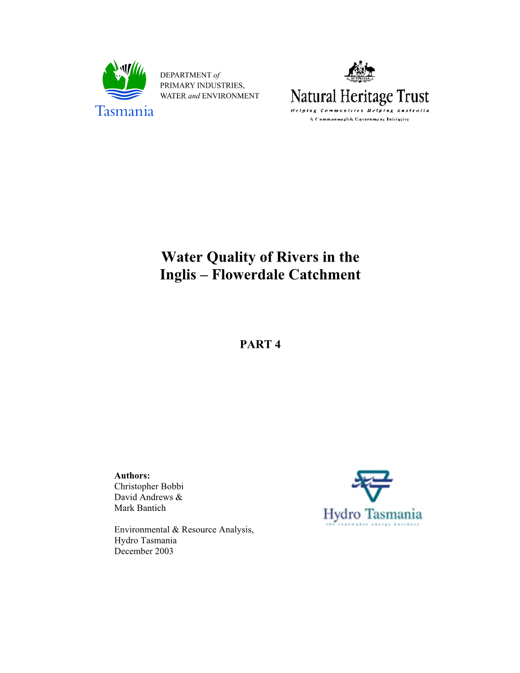 Water Quality of Rivers in the Inglis – Flowerdale Catchment