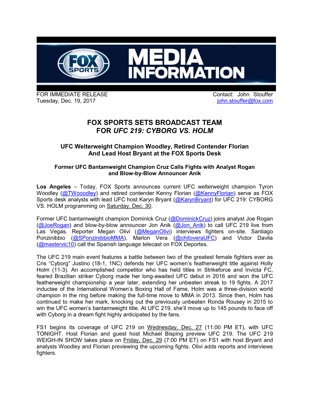 Fox Sports Sets Broadcast Team for Ufc 219: Cyborg Vs