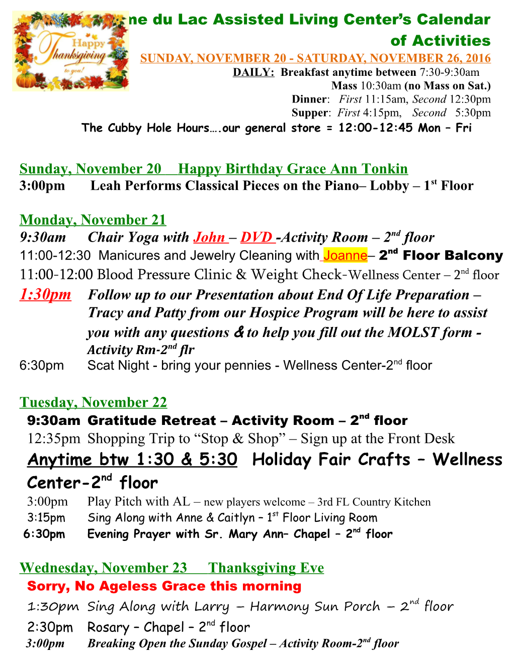 Notre Dame Du Lac Assisted Living Center S Calendar of Activities