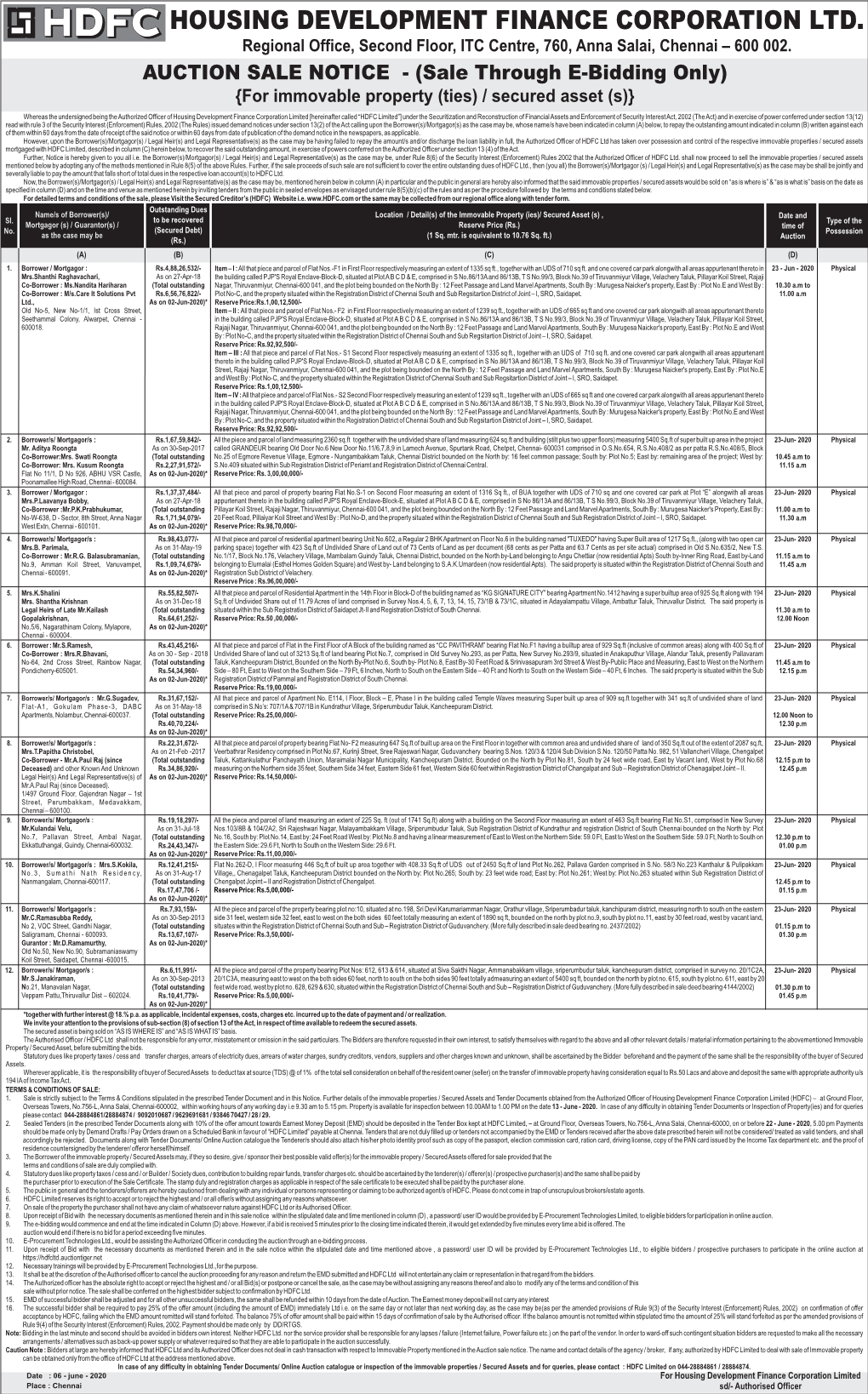 HOUSING DEVELOPMENT FINANCE CORPORATION LTD. Regional Office, Second Floor, ITC Centre, 760, Anna Salai, Chennai – 600 002