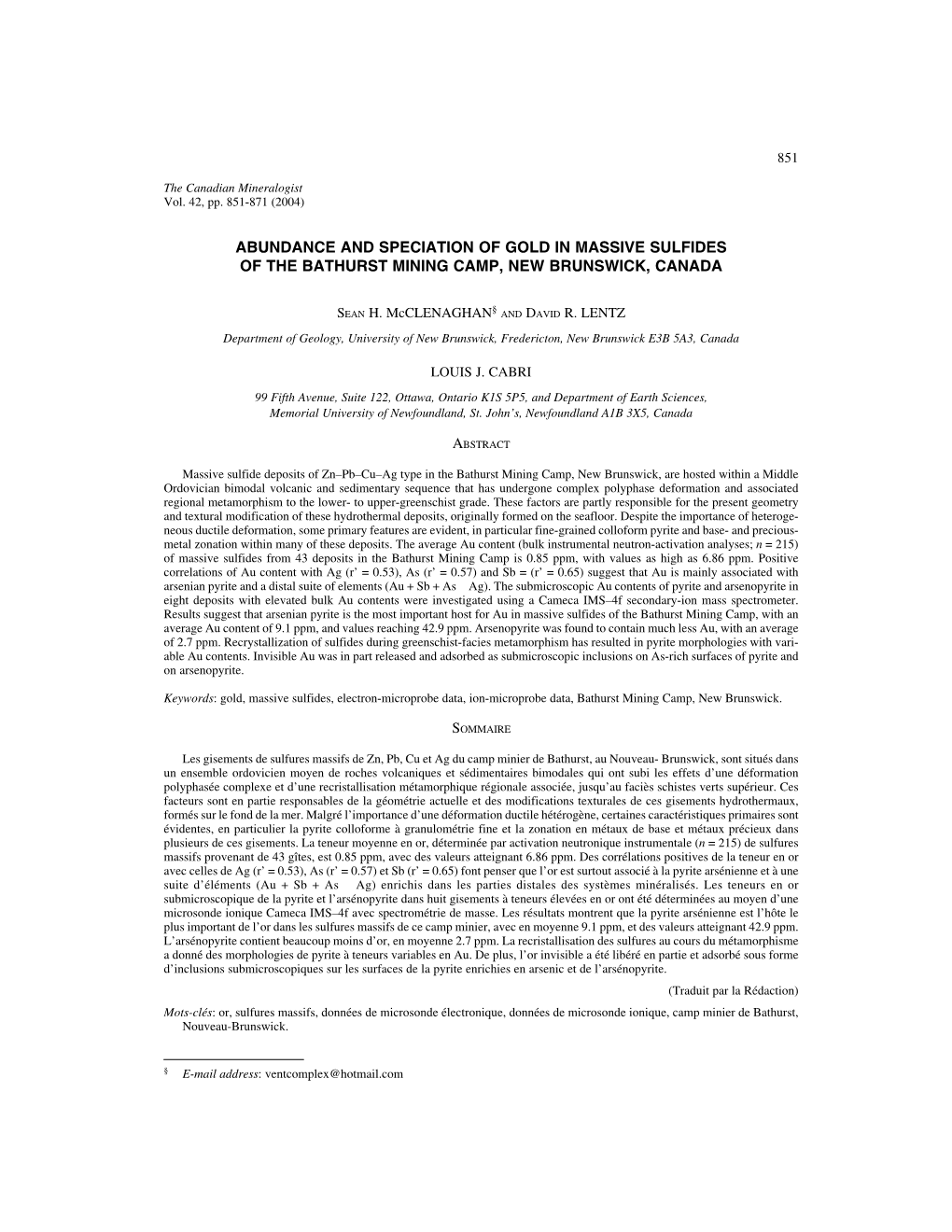 Abundance and Speciation of Gold in Massive Sulfides of the Bathurst Mining Camp, New Brunswick, Canada