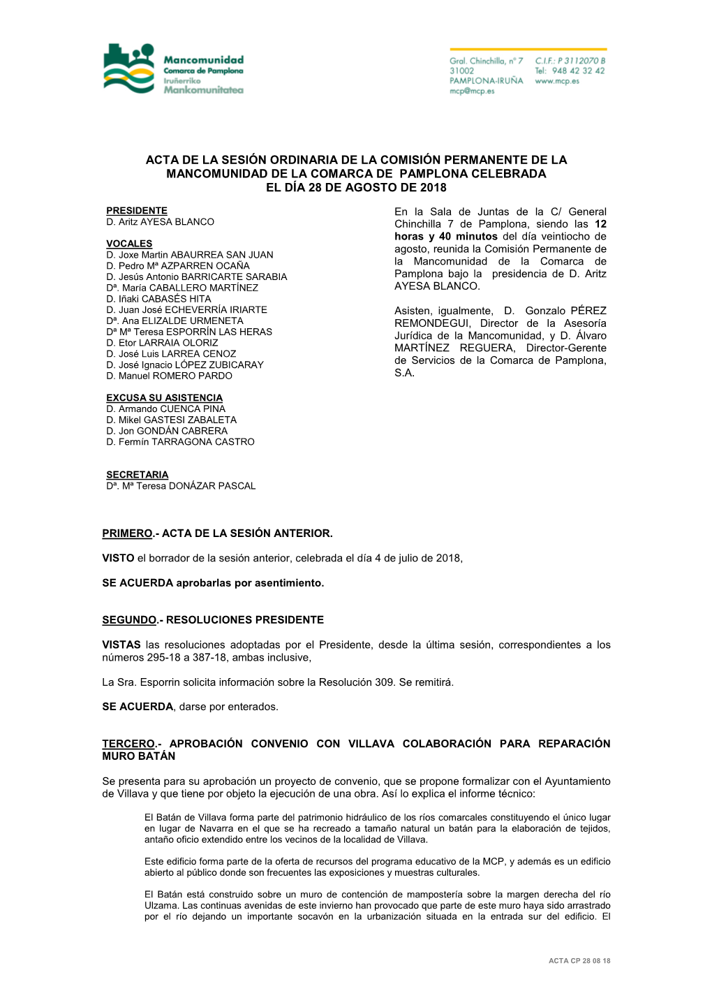 Acta De La Sesión Ordinaria De La Comisión Permanente De La Mancomunidad De La Comarca De Pamplona Celebrada El Día 28 De Agosto De 2018