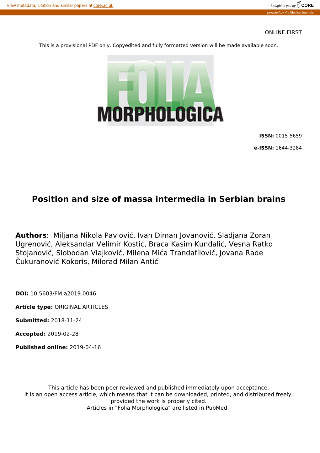 Position and Size of Massa Intermedia in Serbian Brains