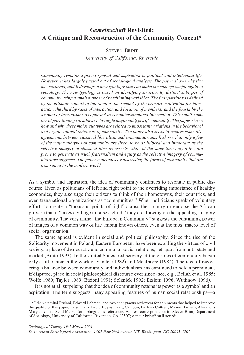 Gemeinschaft Revisited: a Critique and Reconstruction of the Community Concept*