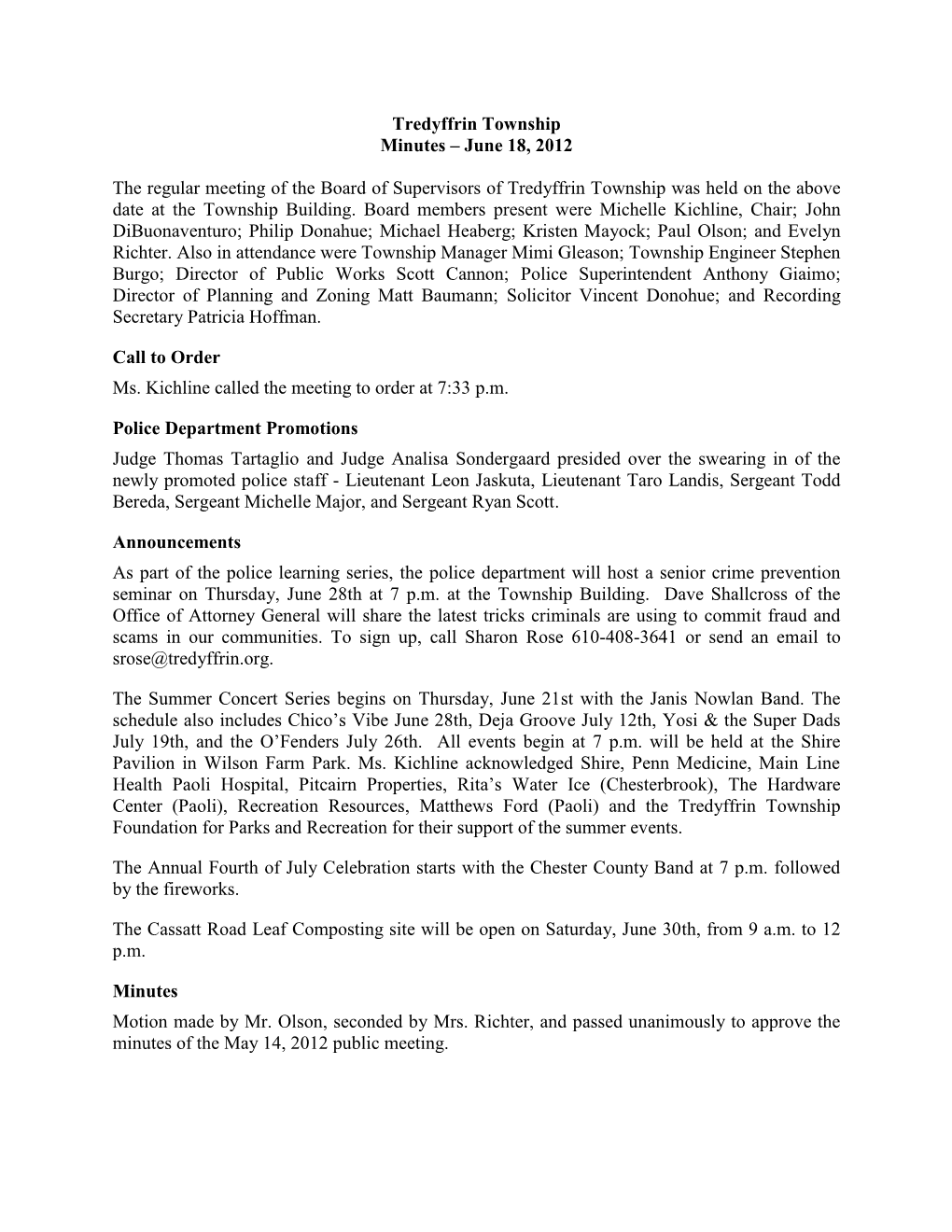 Tredyffrin Township Minutes – June 18, 2012