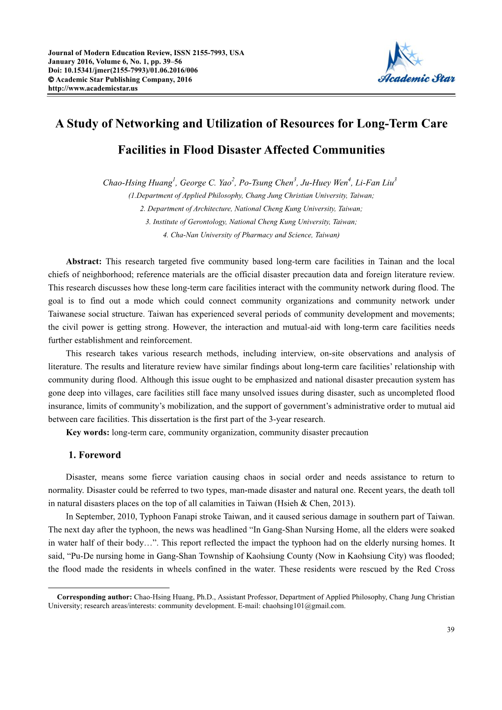 A Study of Networking and Utilization of Resources for Long-Term Care