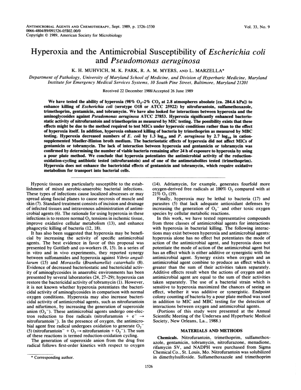 Hyperoxia and the Antimicrobial Susceptibility of Escherichia Coli and Pseudomonas Aeruginosa