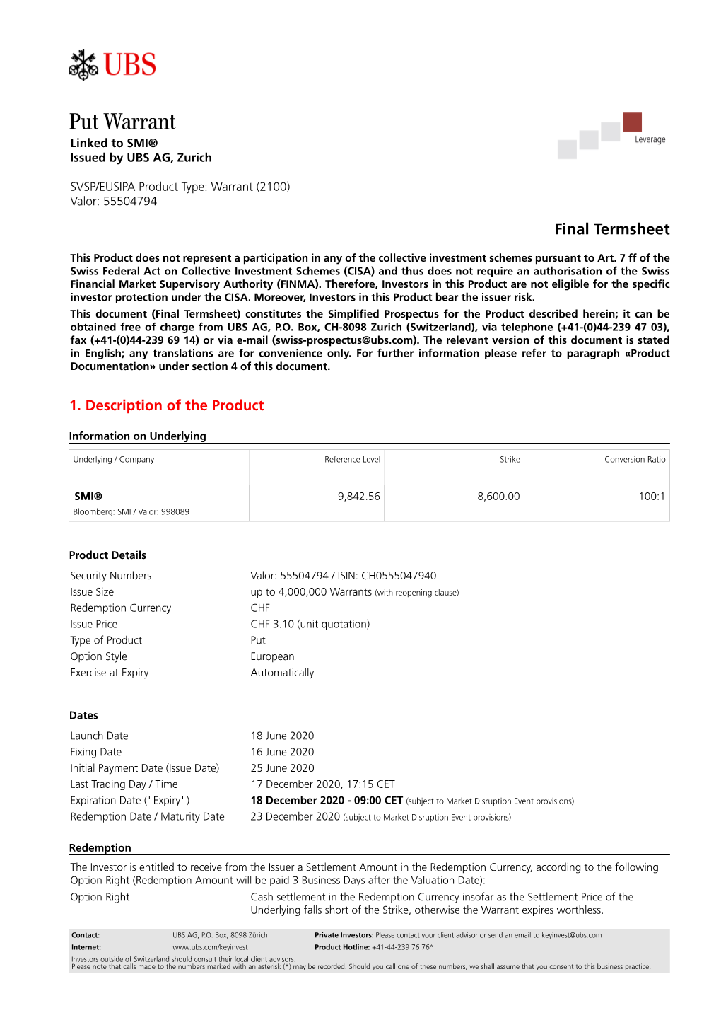 Put Warrant Linked to SMI® Issued by UBS AG, Zurich