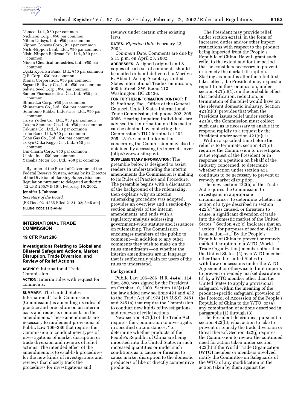 Federal Register/Vol. 67, No. 36/Friday, February 22, 2002/Rules