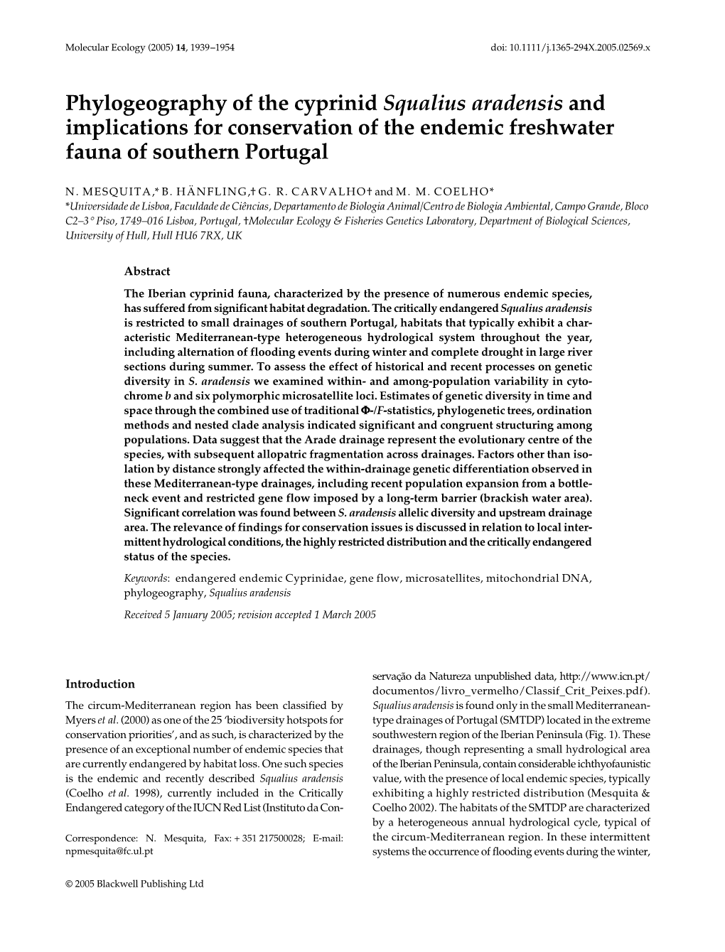 Phylogeography of the Cyprinid Squalius Aradensis and Implications for Conservation of the Endemic Freshwater Fauna of Southern