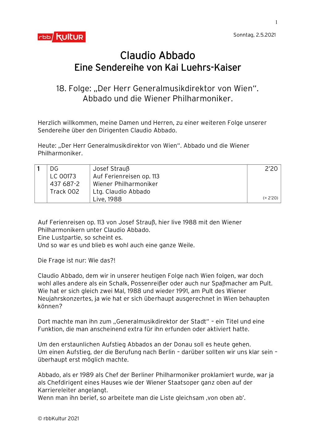 Claudio Abbado Eine Sendereihe Von Kai Luehrs-Kaiser