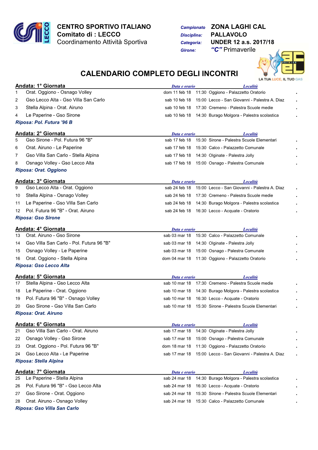 Calendario Completo Degli Incontri