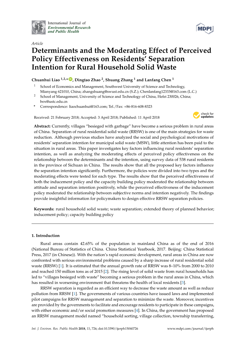 Determinants and the Moderating Effect of Perceived Policy Effectiveness on Residents’ Separation Intention for Rural Household Solid Waste