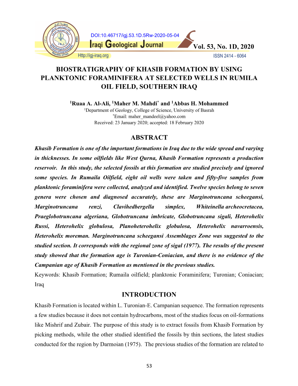 Vol. 53, No. 1D, 2020 BIOSTRATIGRAPHY of KHASIB