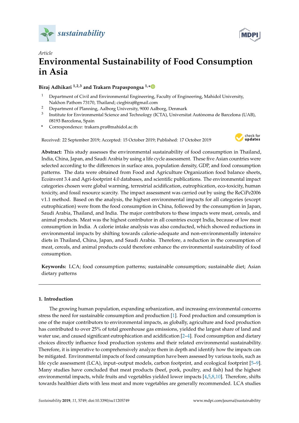 Environmental Sustainability of Food Consumption in Asia