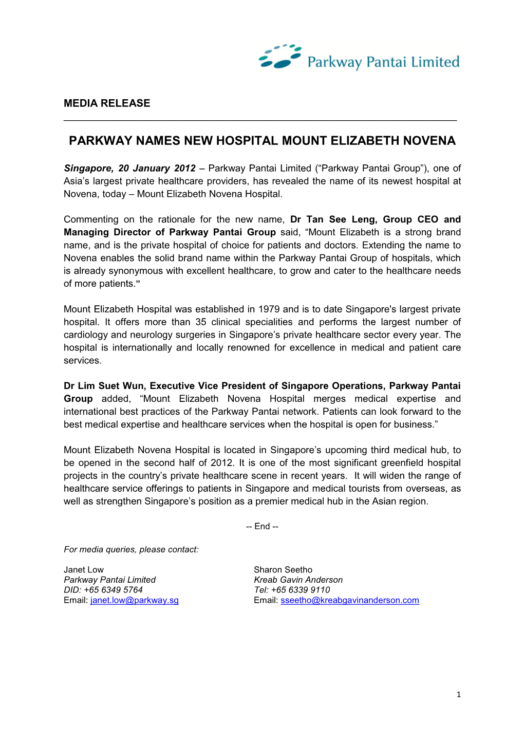 Parkway Names New Hospital Mount Elizabeth Novena