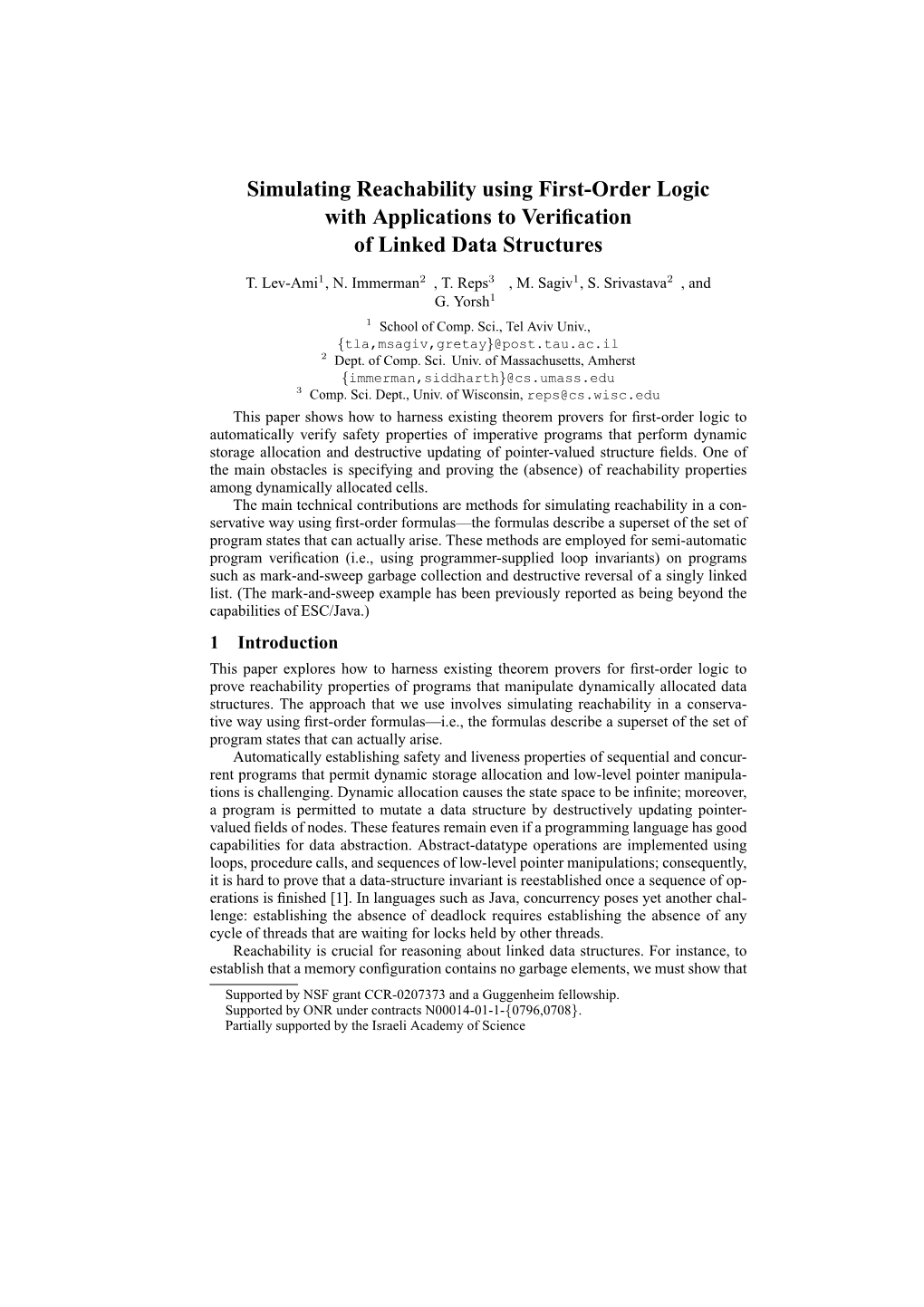 Simulating Reachability Using First-Order Logic with Applications to Veriﬁcation of Linked Data Structures