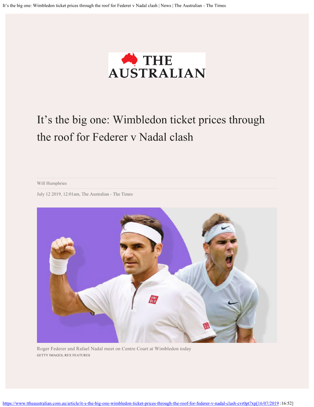 Wimbledon Ticket Prices Through the Roof for Federer V Nadal Clash | News | the Australian - the Times