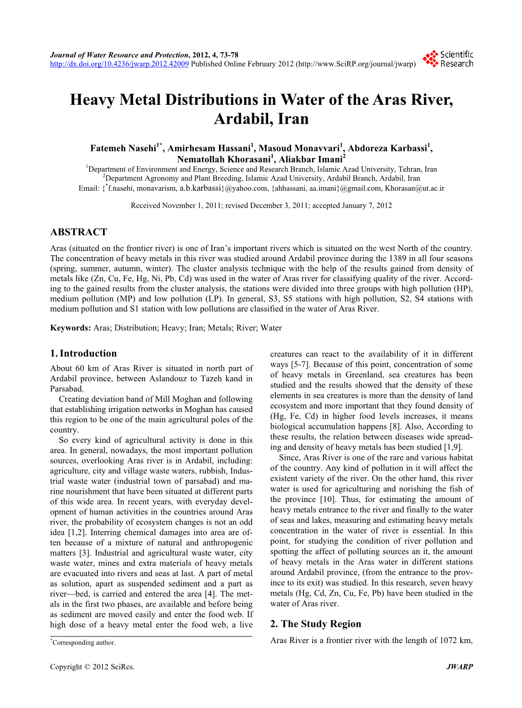 Heavy Metal Distributions in Water of the Aras River, Ardabil, Iran