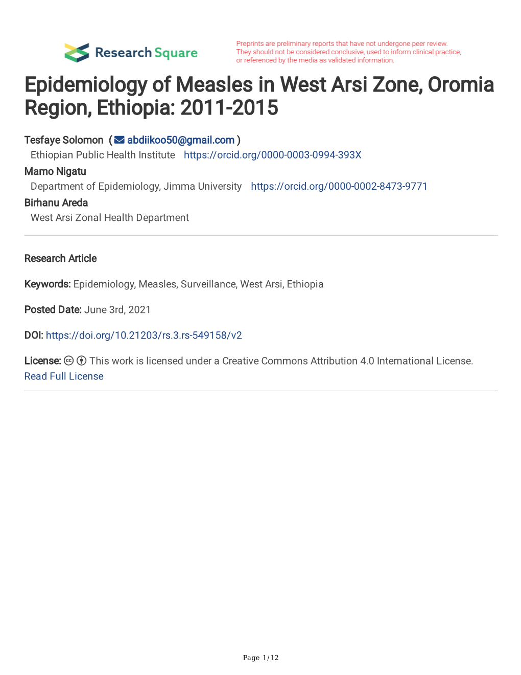 Epidemiology of Measles in West Arsi Zone, Oromia Region, Ethiopia: 2011-2015
