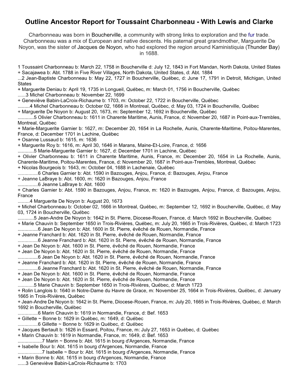 Outline Ancestor Report for Toussaint Charbonneau - with Lewis and Clarke