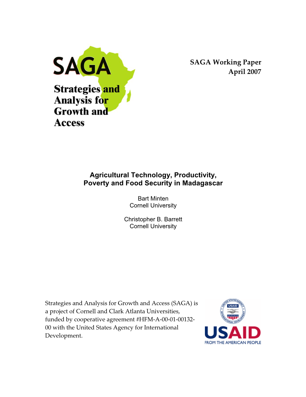 SAGA Working Paper April 2007 Agricultural Technology, Productivity, Poverty and Food Security in Madagascar