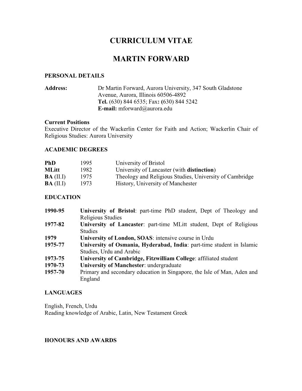 Curriculum Vitae Martin Forward