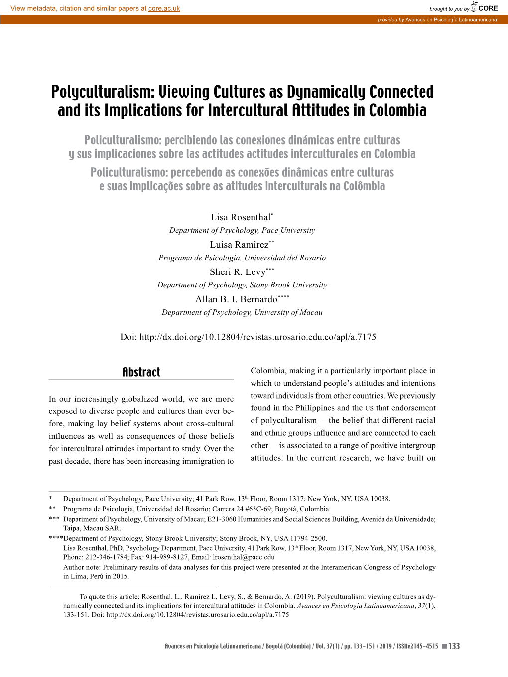 Polyculturalism: Viewing Cultures As Dynamically Connected and Its Implications for Intercultural Attitudes in Colombia