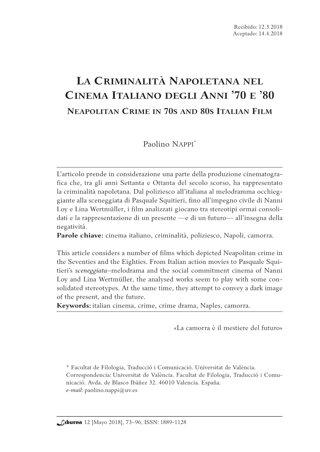 La Criminalità Napoletana Nel Cinema Italiano Degli Anni '70 E